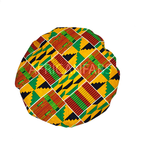 Bonnet de nuit à imprimé africain - Orange / vert Kente ( Coton avec doublure en satin )