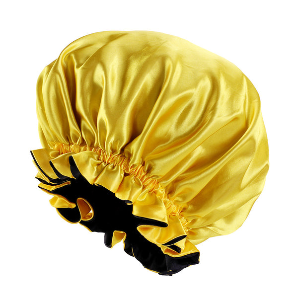 Yellow / Black Satin Hair Bonnet with edge ( Reversable Satin Night sleep cap )