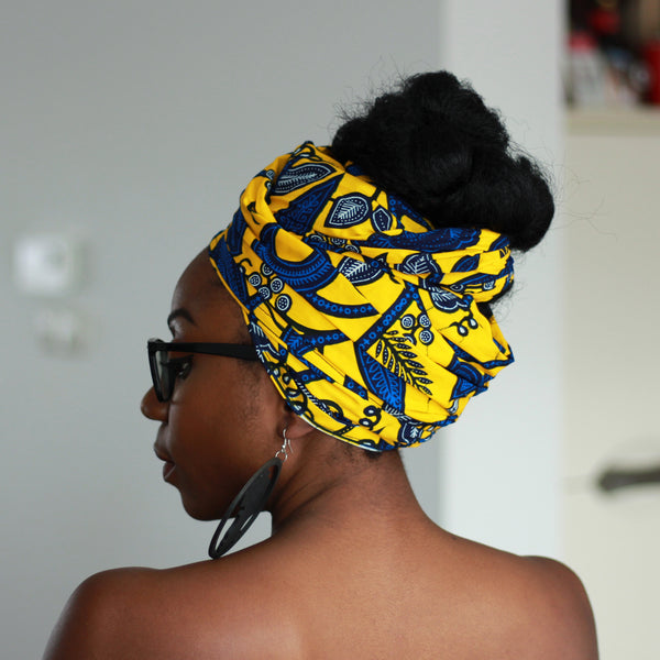 African headwrap - Yellow / Blue leaftrail (Vlisco)