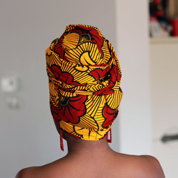 Afrikaanse hoofddoek / Vlisco headwrap - Goud / Rode trouwbloemen