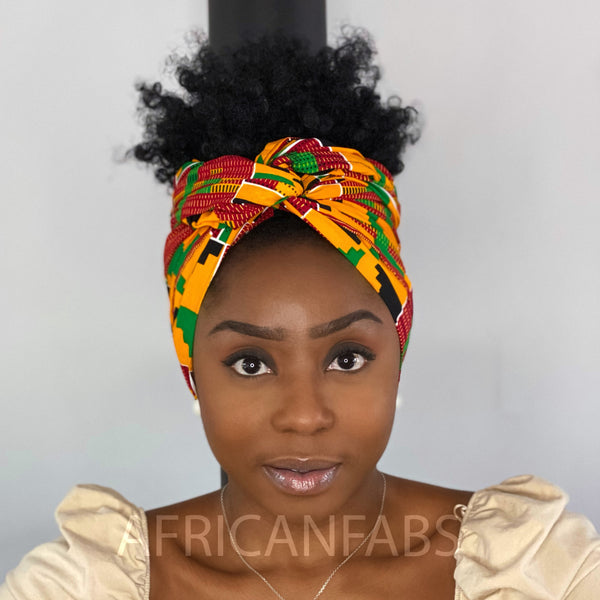 Foulard africain / Turban wax - Vert / Jaune blocks imprimé kente