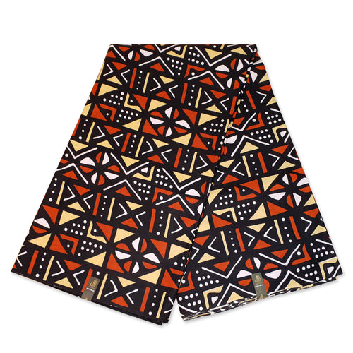 Foulard africain Noir / orange / blanc bogolan / mud cloth - turban wax
