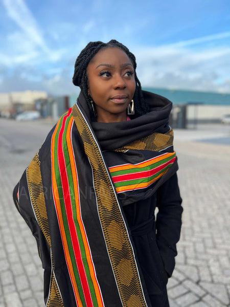 African print Winter scarf for Adults Unisex - Black Pan African Kente