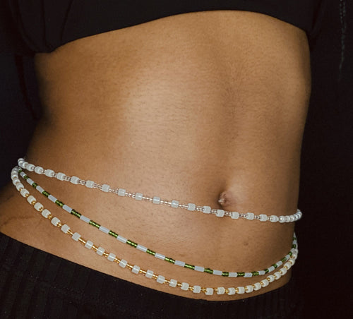 Waist Beads / Chaine de taille africaine - ISOKEN- Doré / Blanc (élastique)